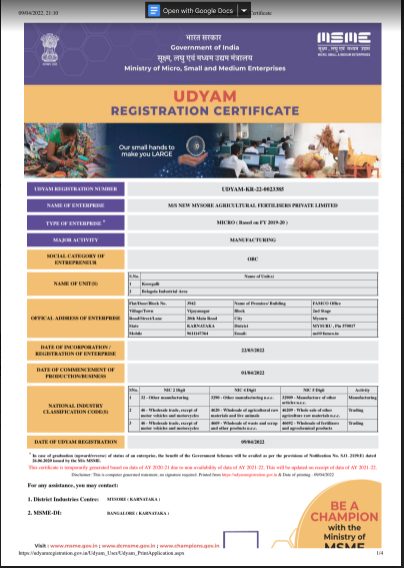 Udyam MSME Certification, Government of India certificate