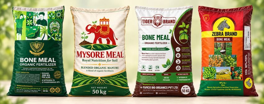 Green Bone Meal, Mysore Meal, Tiger Brand and Zebra Brand sacks